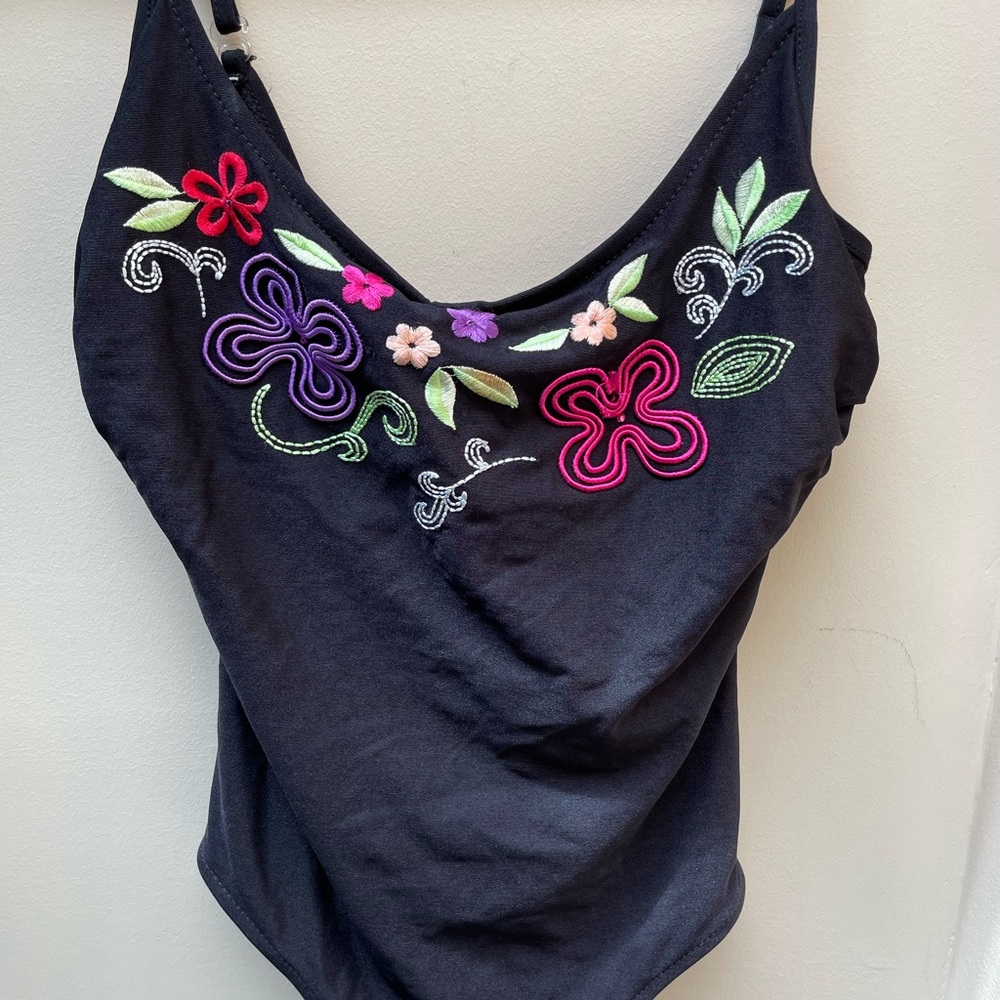 COPY - Carol Wior one piece swimsuit with embroidery detail.
